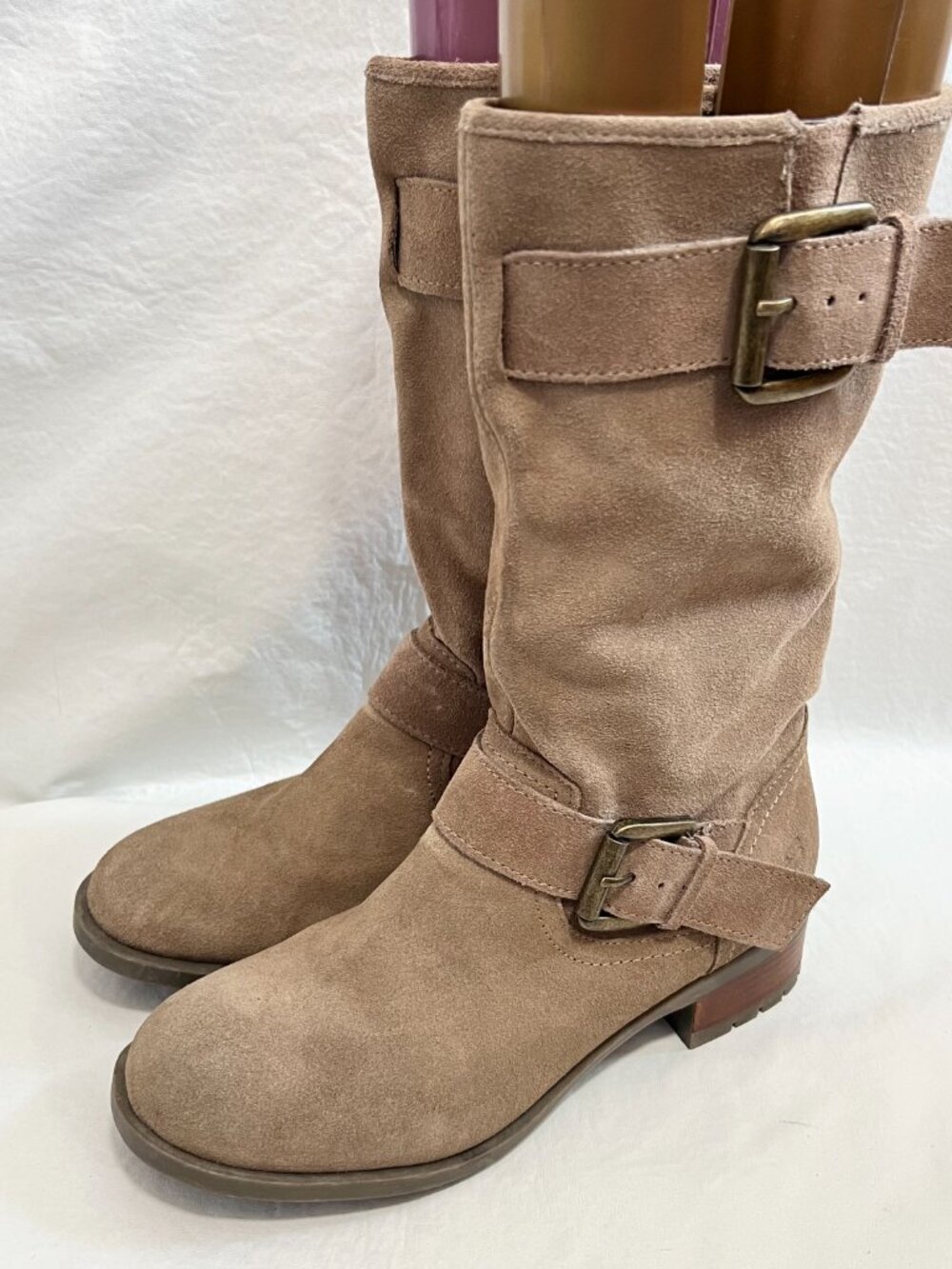 Skechers boots beige tan suede Lunacy womens 10 moto biker mid calf pull on - Picture 3 of 10